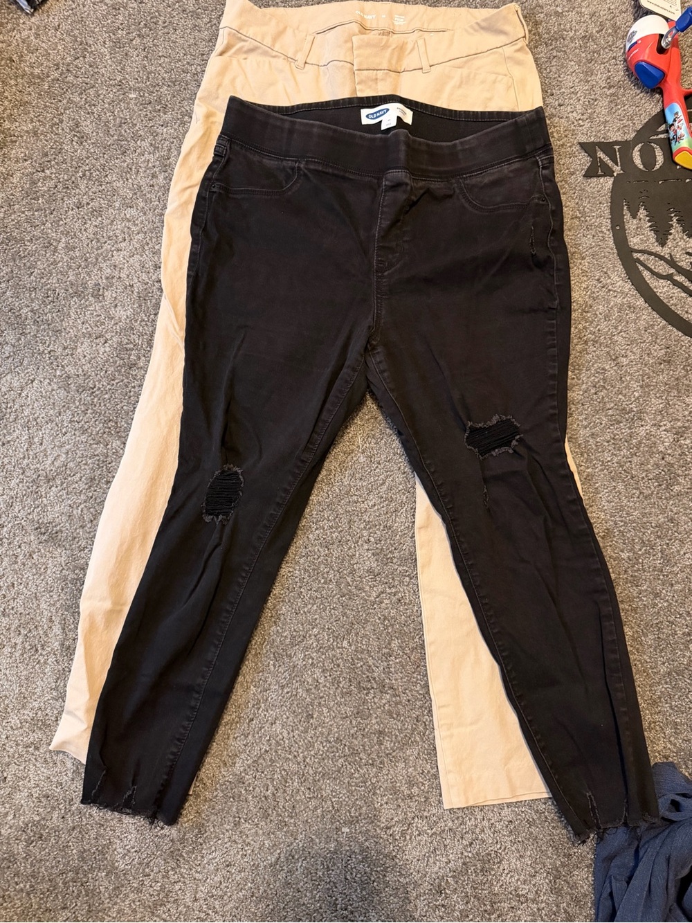 Old Navy Black Distressed Skinny Jeans over Tan Pants